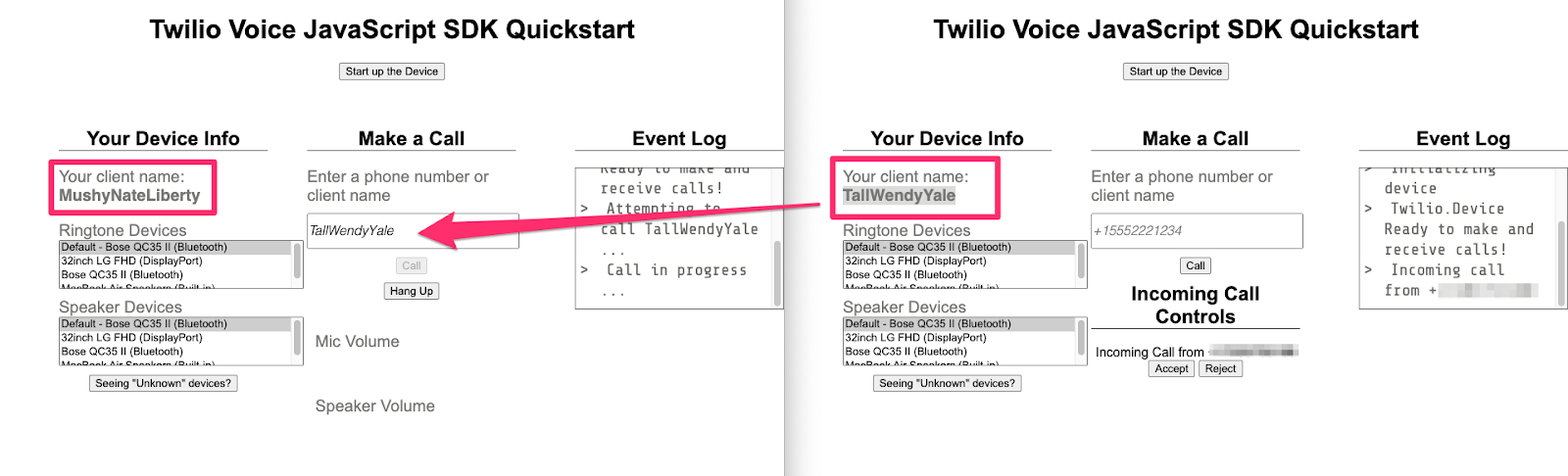 Make a Call button in the Programmable Voice Quickstart