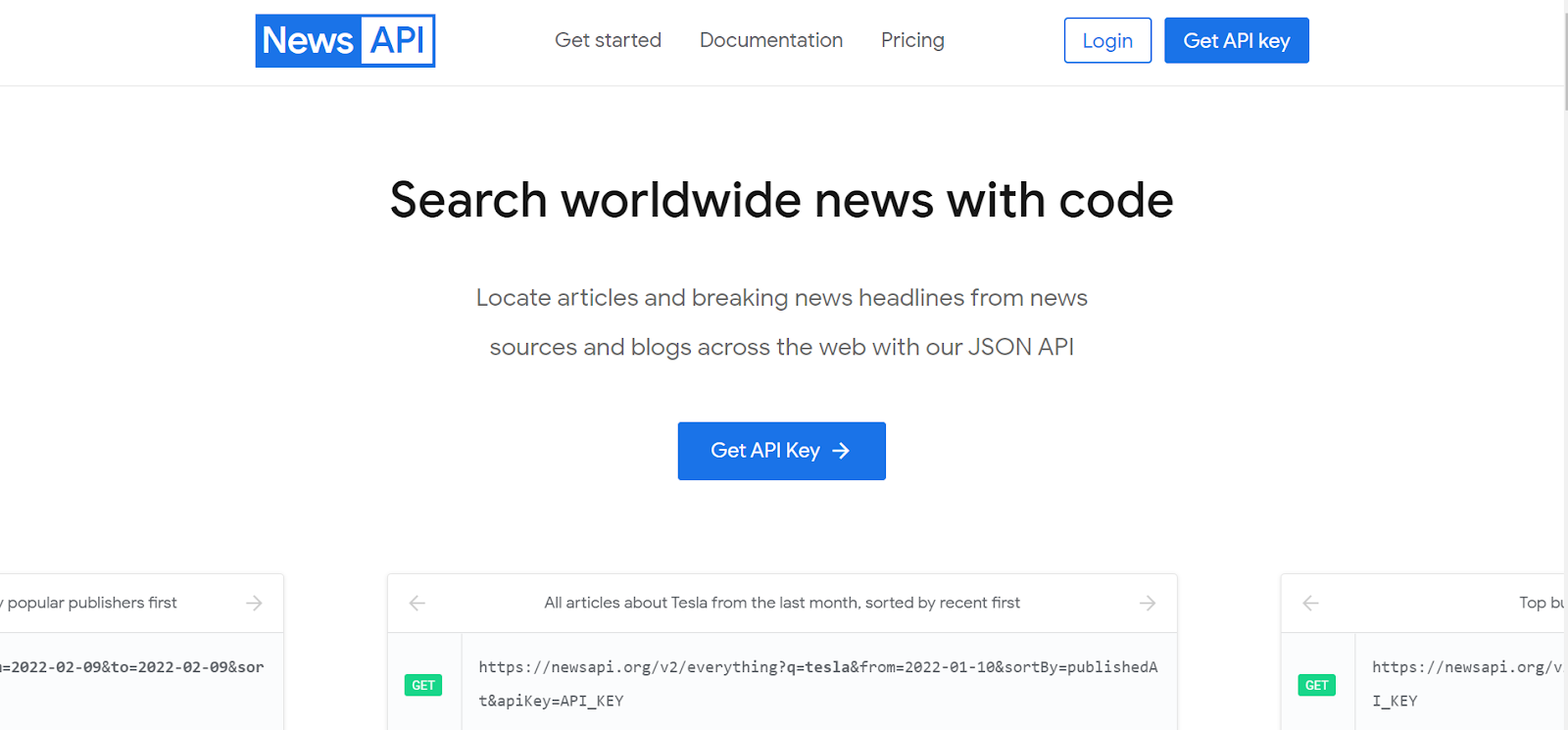 Front page of the News API website