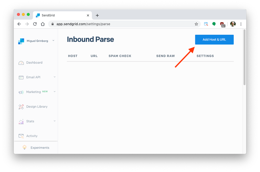 The page for adding a webhook URL for Inbound Parse