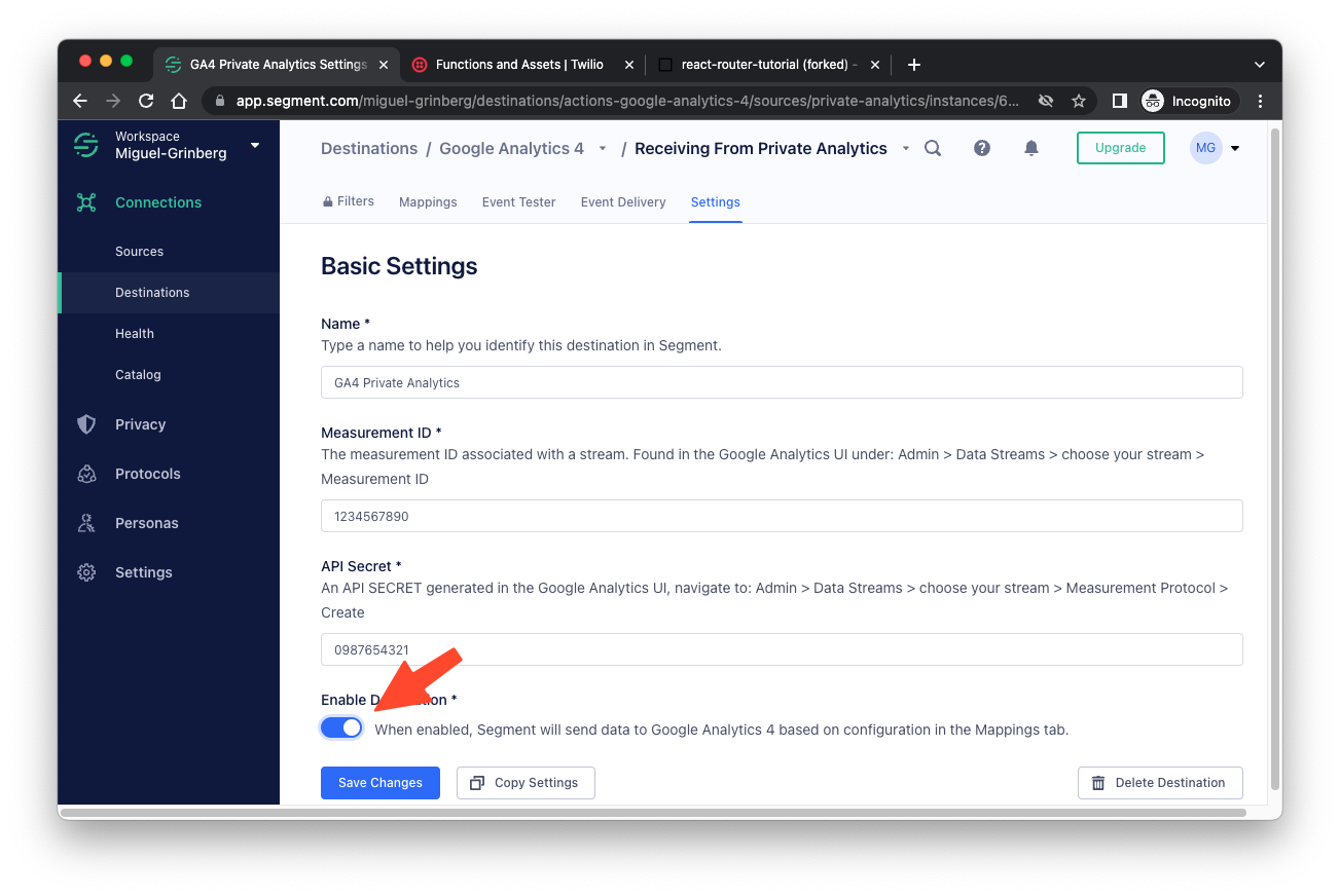 Destination settings page