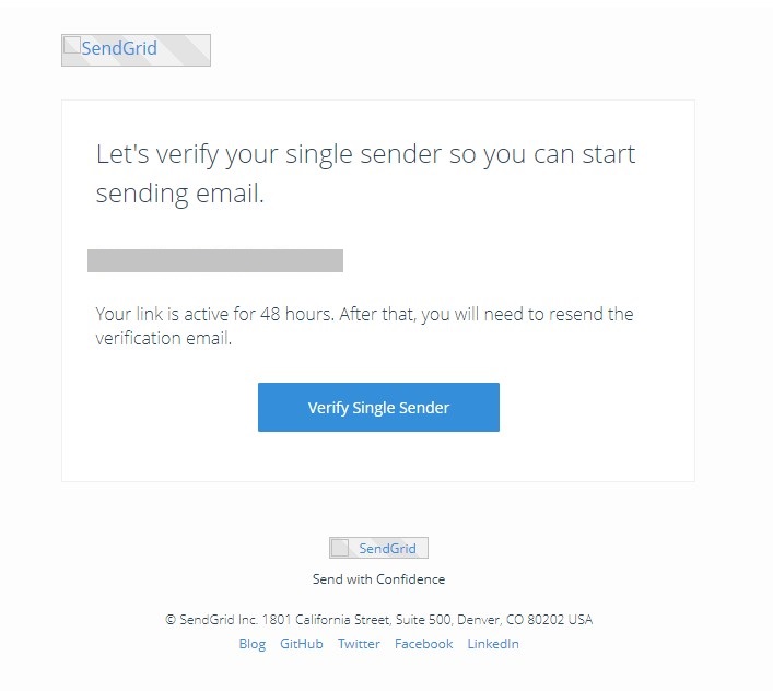 SendGrid Sender confirmation email with a button labeled as Verify Single Sender