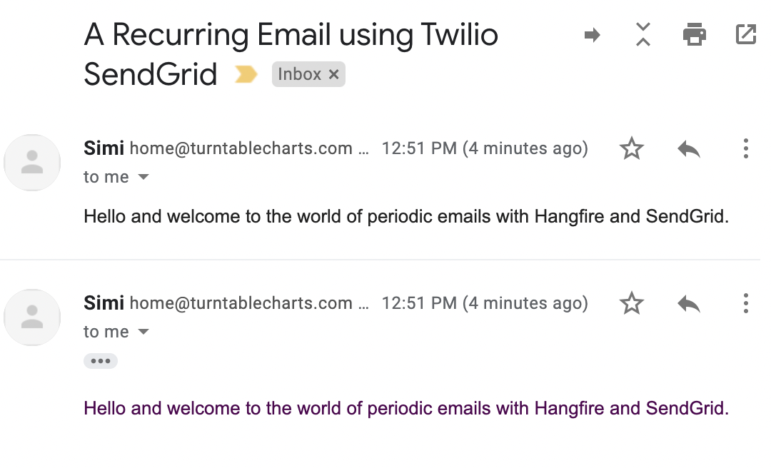 Two emails in an inbox with subject "A Recurring Email using Twilio SendGrid" and body "Hello and welcome to the world of periodic emails with Hangfire and SendGrid