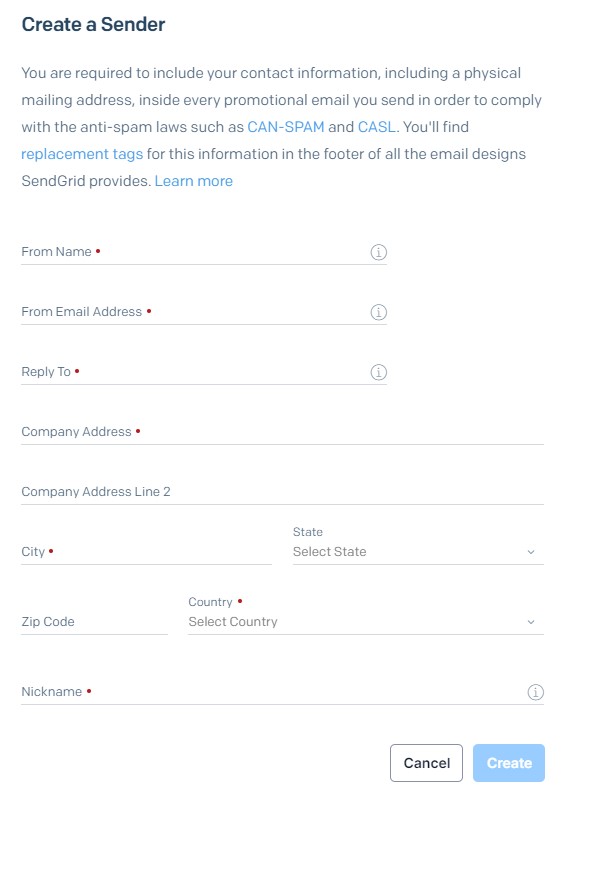 The Sender Screen Picture contains a field for name, email address, reply to, company address, city, country, zip code and nickname