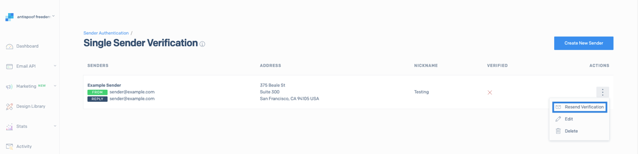 SendGrid - Single Sender Verification - Resend Verification
