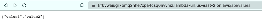 Browser showing path /api/values endpoint called with no parameters and showing the results value1 and value2