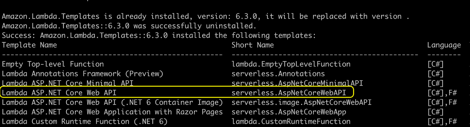Terminal window showing Amazon.Lambda.Templates has been installed successfully