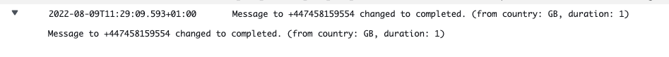 CloudWatch logs showing the logged information form the status callback message