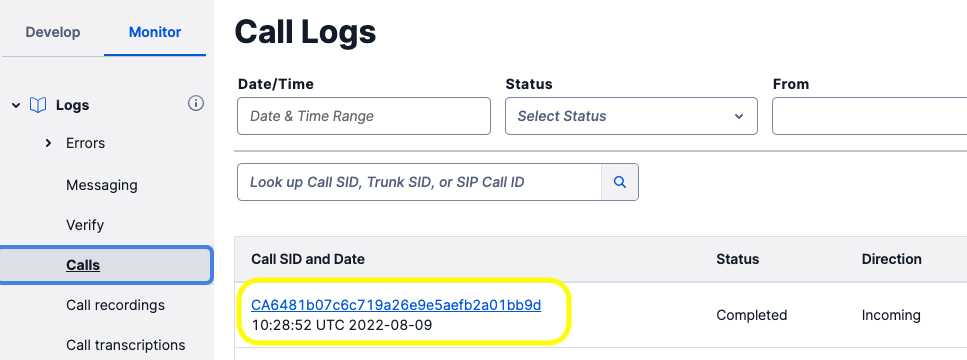 Twilio call logs showing the latest Call SID and timestamp