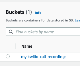 Amazon S3 dashboard showing the newly created bucket in the list