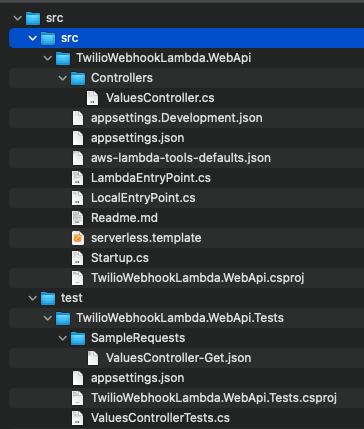 File structure show an "src" folder, with a "TwilioWebhookSample.WebApi" subfolder which has the .NET project files in it.
