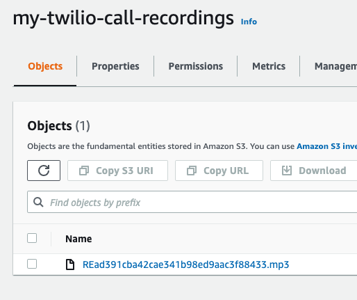 Amazon S3 dashboard showing the objects in the bucket. The newly saved MP3 file or the recording is shown