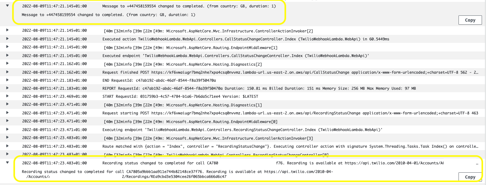 CloudWatch logs showing callback logs for call status change and call recording status