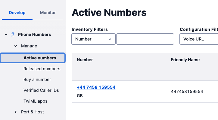 Twilio console showing Active Numbers in the account listed