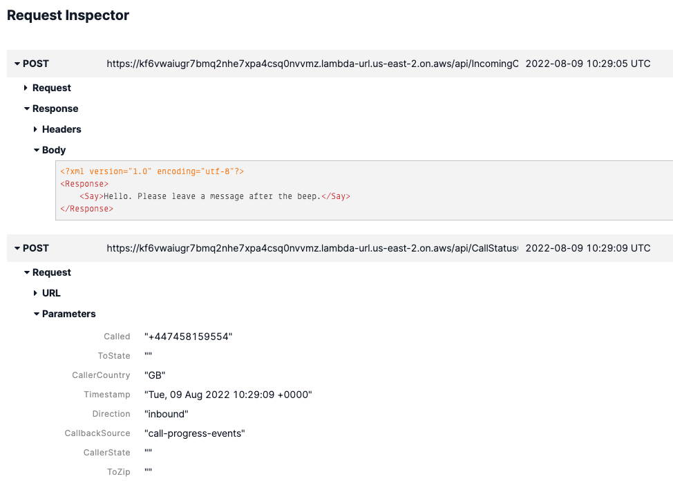 Twilio console showing the request and response details in the Request Inspector.