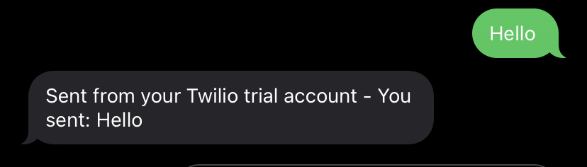 SMS conversation where the a user sent and Hello and Twilio responds with "Sent from your Twilio trial account - You sent: Hello".