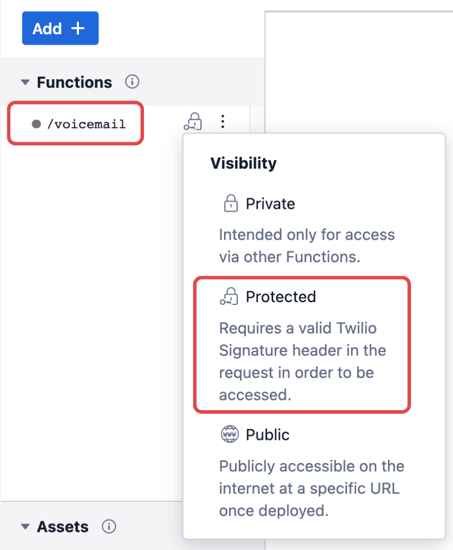 Twilio Functions - Change Function Path visibility to "Protected" to allow Twilio to send incoming call webhooks