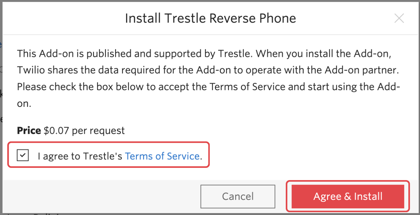Install Trestle Reverse Phone modal from Console showing the "I agree to Trestle&#x27;s Terms of Service" checkbox selected and the Agree & Install button