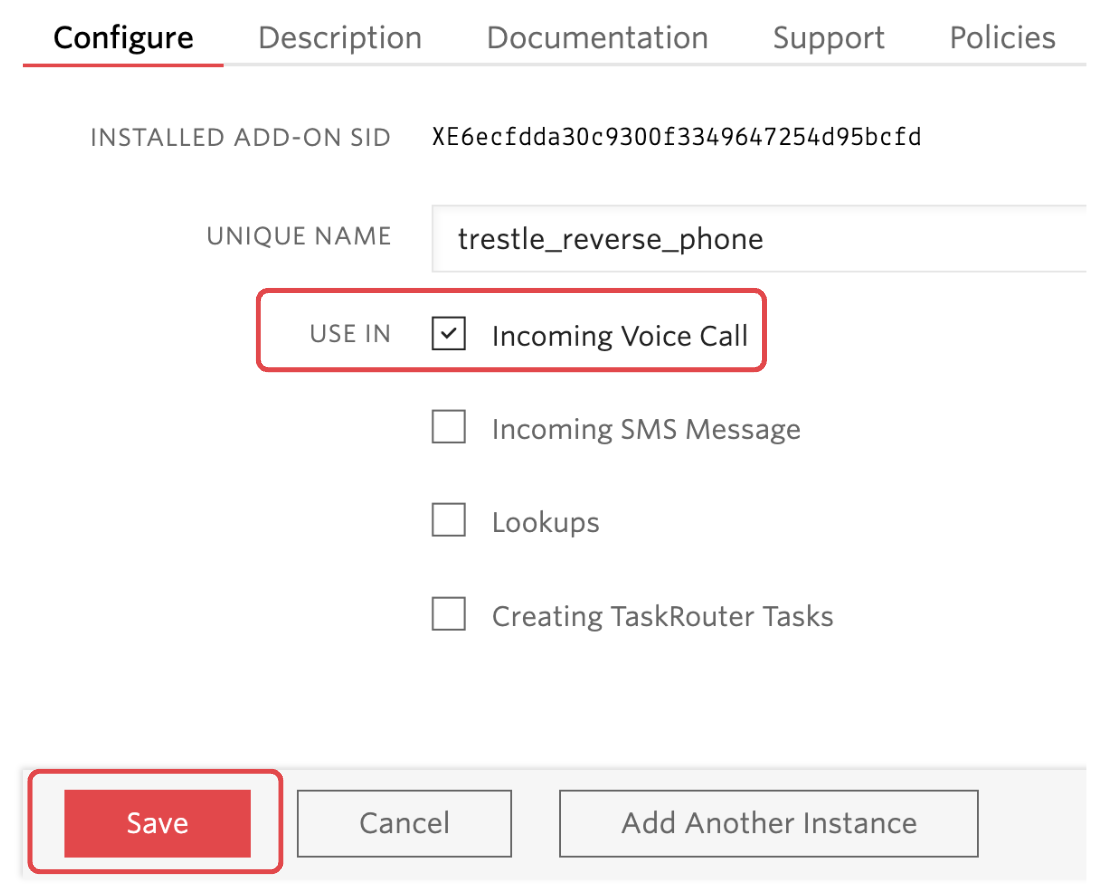 Trestle Reverse Phone Add On - "Use In" field has "Incoming Voice Calls" selected