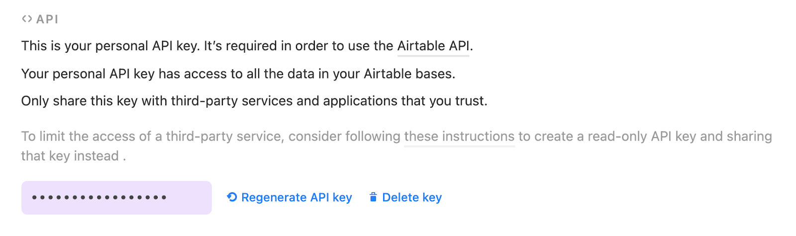 screenshot of masked api key in airtable account page