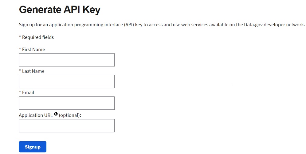 Signup form to generate a NASA APOD API Key