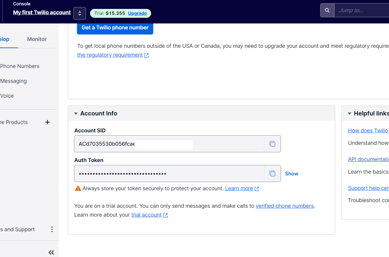 Twilio Console home page showing Account SID and Auth Token.