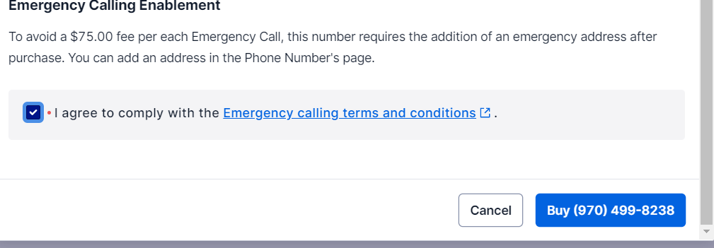 Footer of the modal with the phone number to buy, with the "Buy <number>" button to confirm it.