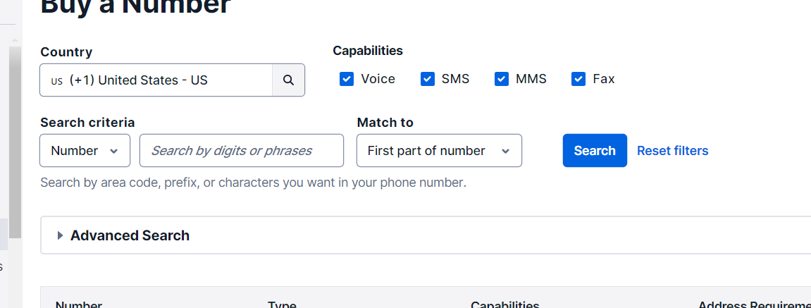 Form to filter Twilio Phone Numbers to buy, with the phone country options, and the available functions, SMS, MMS, Fax and Voice.
