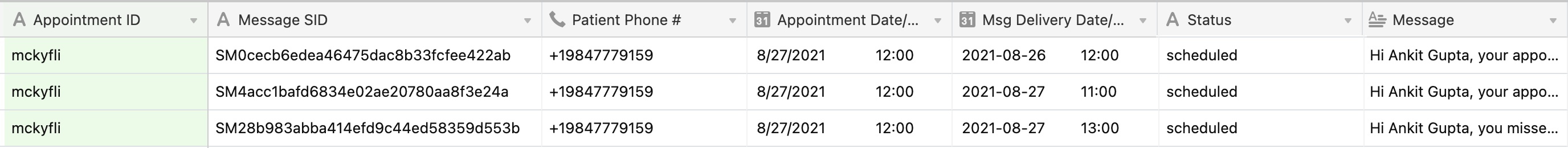 Screenshot of system of record showing appointment ID, appointment date/time, scheduled message delivery date/time, status, and message