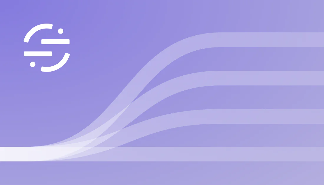 White logo with curved lines on a gradient purple background