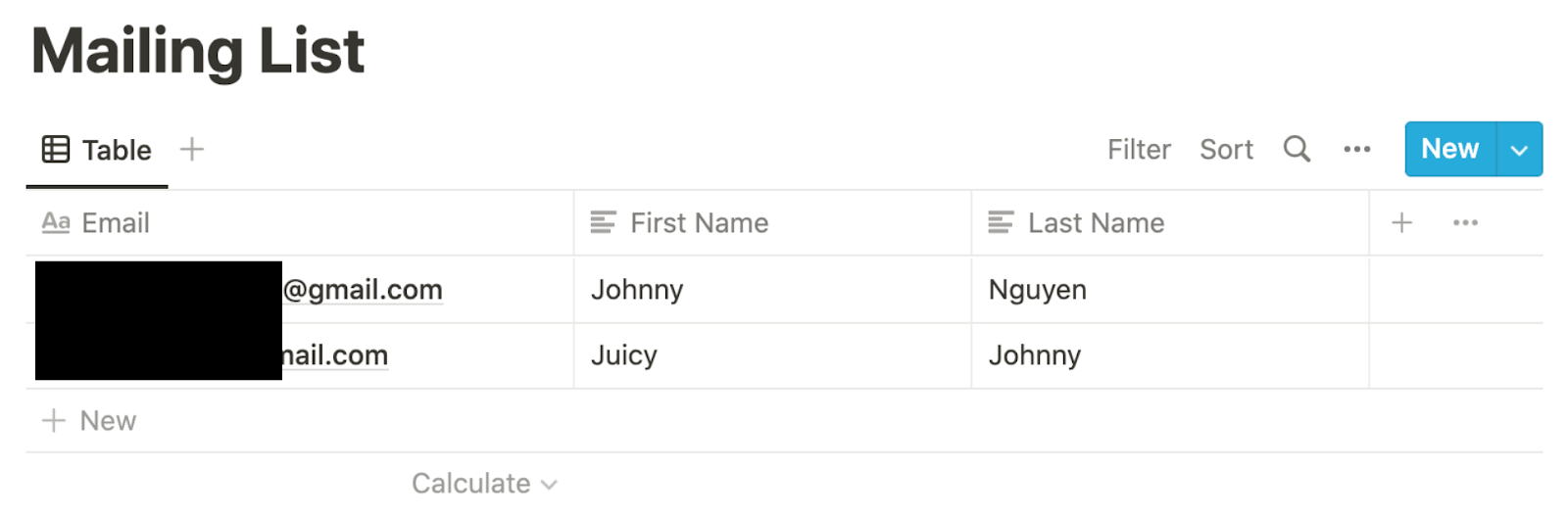 Notion table database titled "Mailing List" with fields Email, First Name, and Last Name. There are two entries