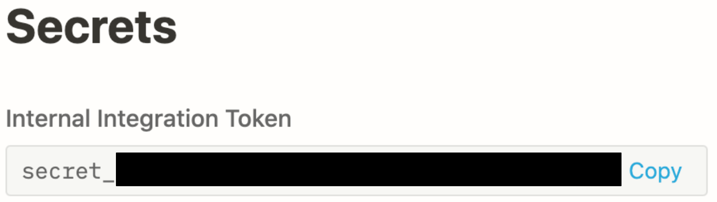 Internal Integration Token displayed for newly created Notion integration
