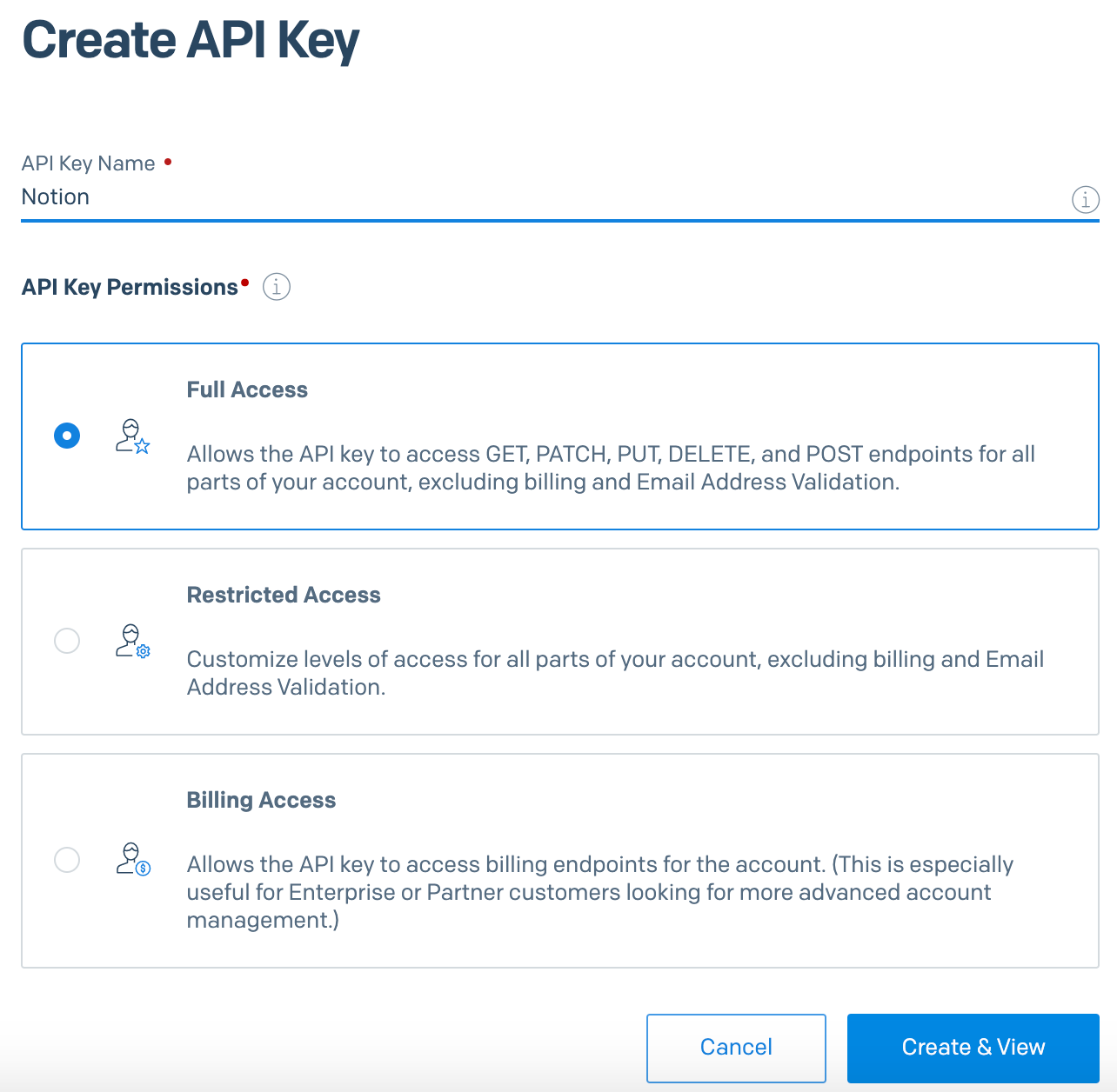 Create API Key window. The user can set the name and permissions for the API Key