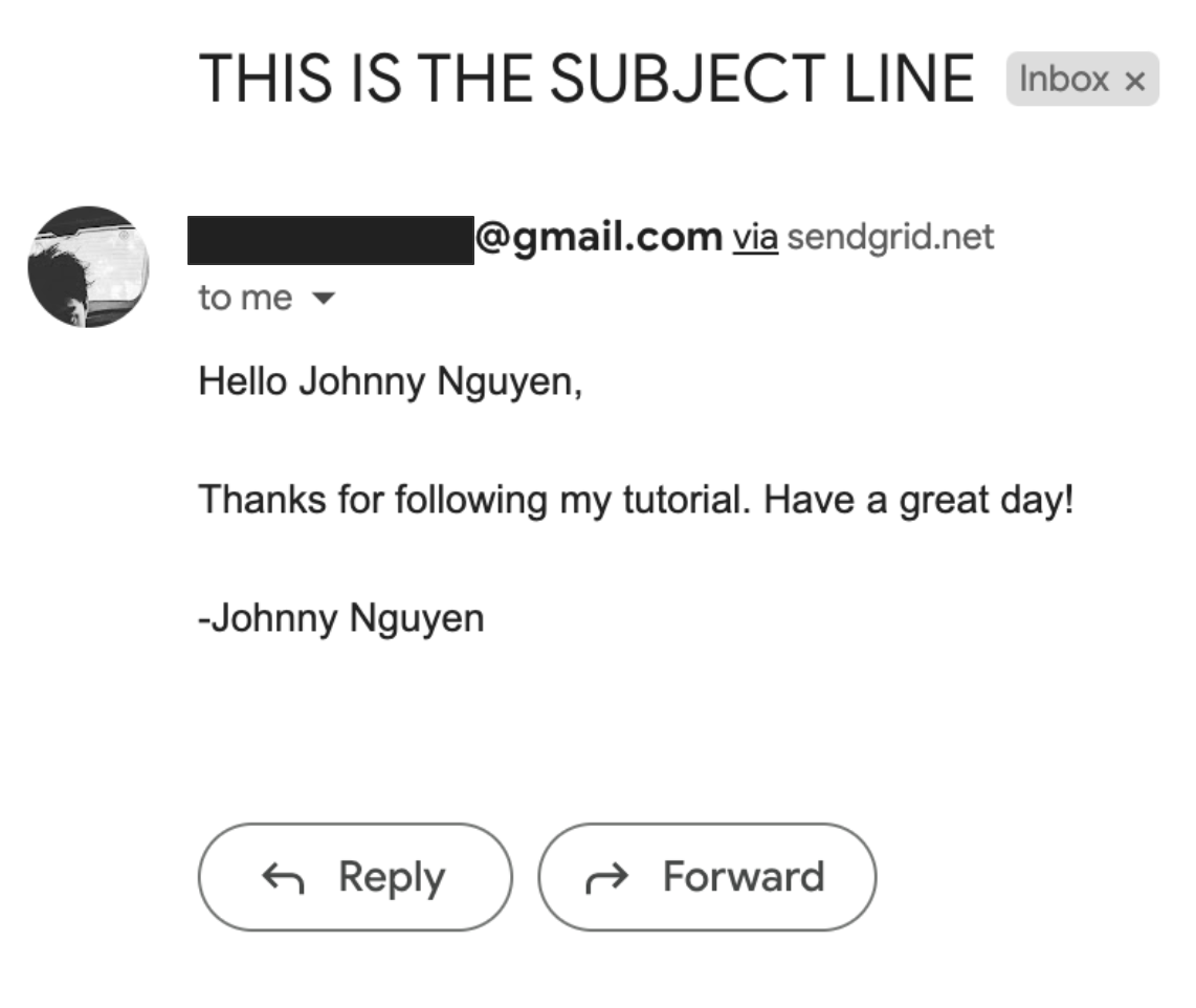 Email that was received in inbox shows that it was formatted using the template