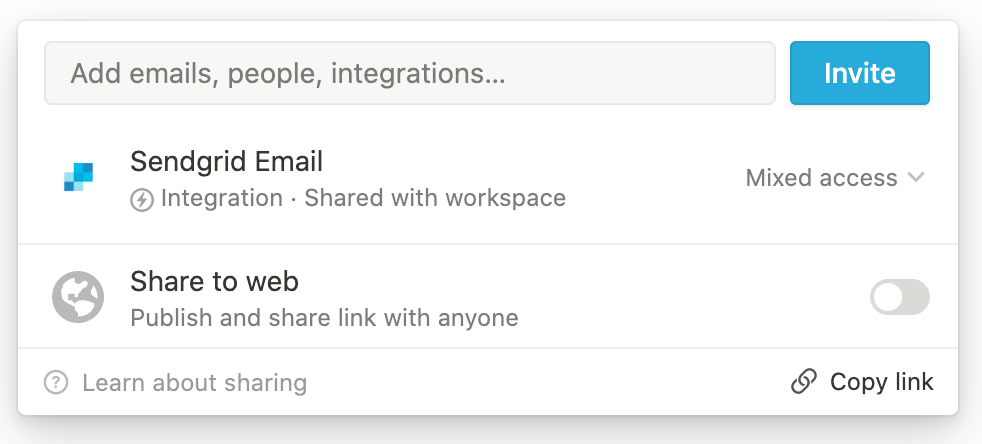 Window displaying that the "SendGrid Email" integration was shared with the Email Notion page