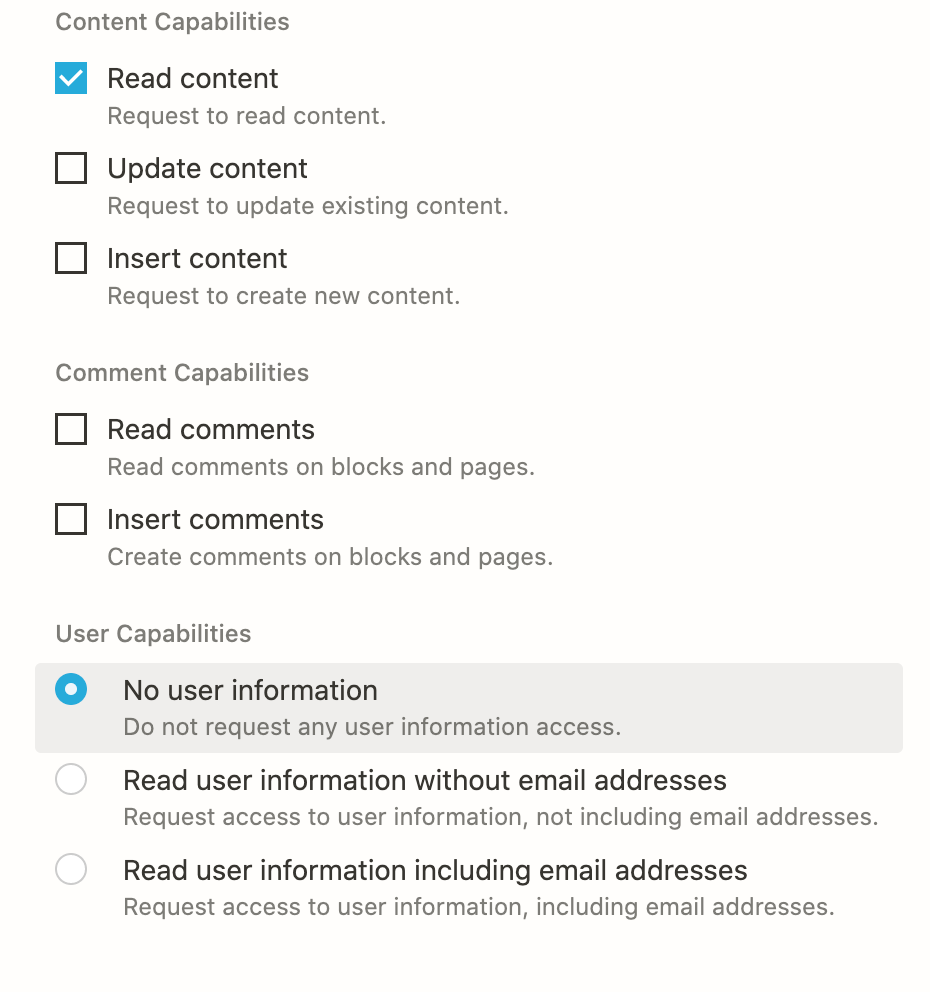 Permissions for Notion integration with Read content permission set and No user information for User Capabilities