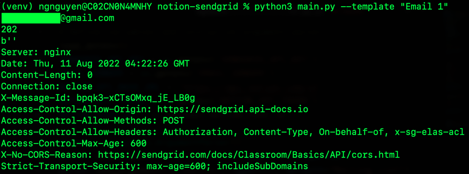 Command prompt showing output from sending emails by running main.py