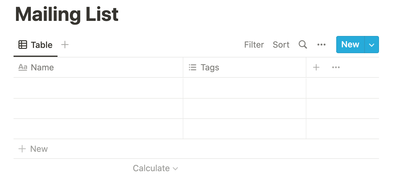 An empty table database in Notion titled "Mailing List"