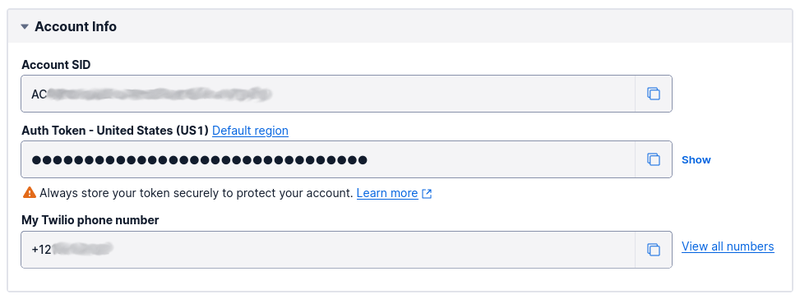 The Account Info panel in the Twilio Console