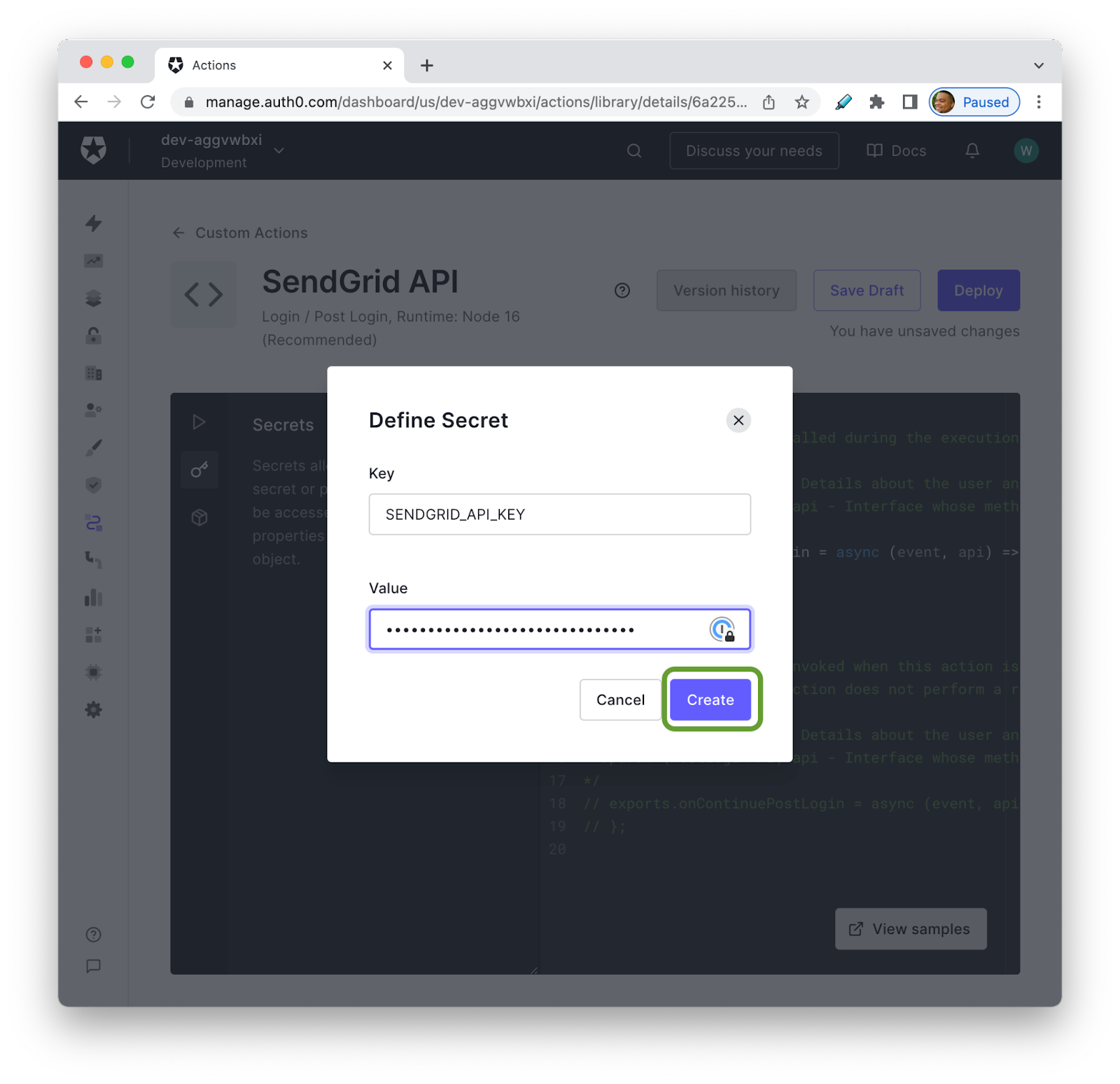 Auth0 Actions Define Secret modal with Create Button highlighted
