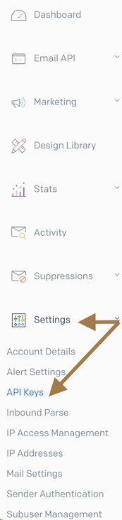 Api Keys menu button on settings tab of SendGrid