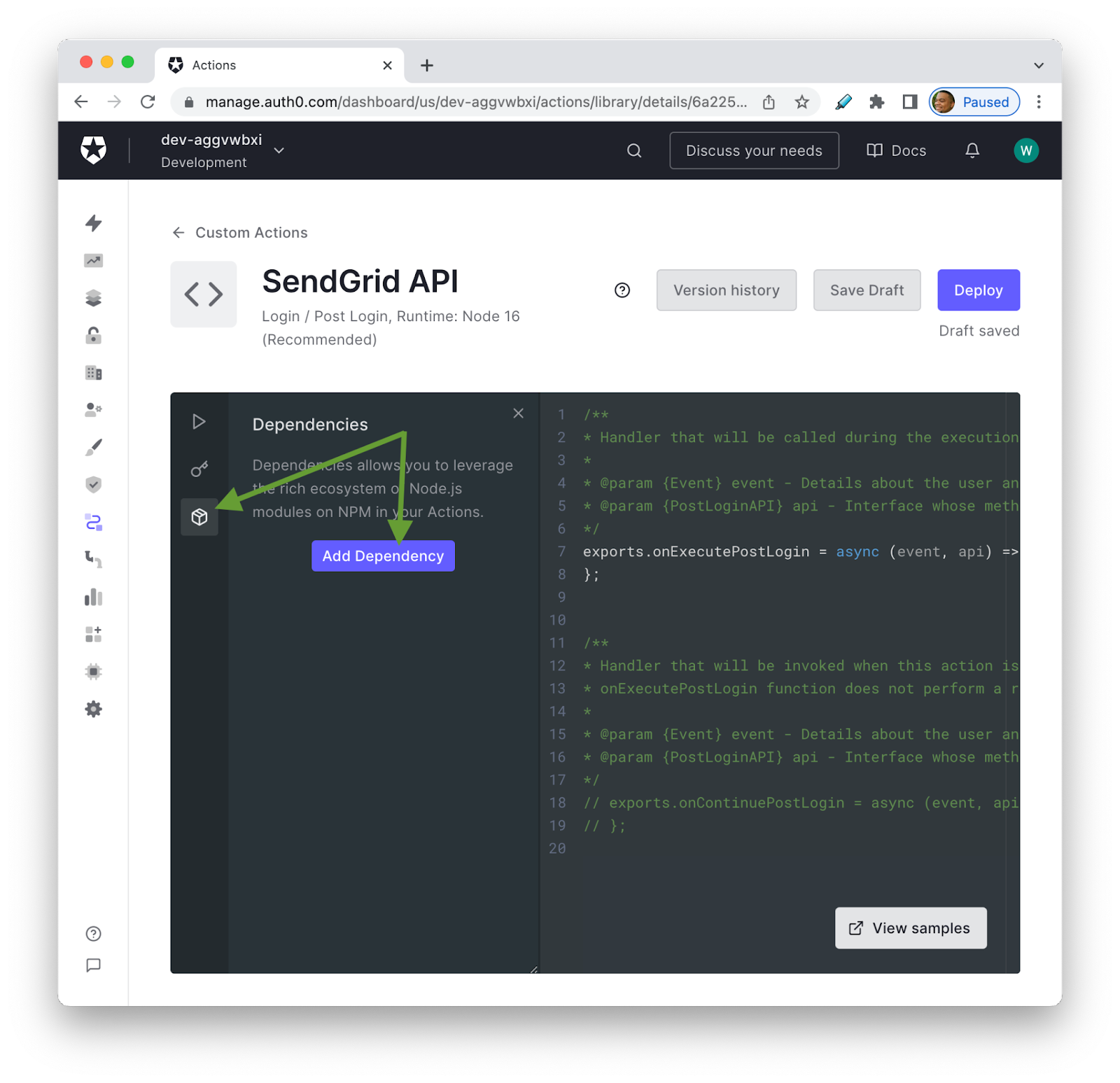 Auth0 Actions code editor with Dependencies selected