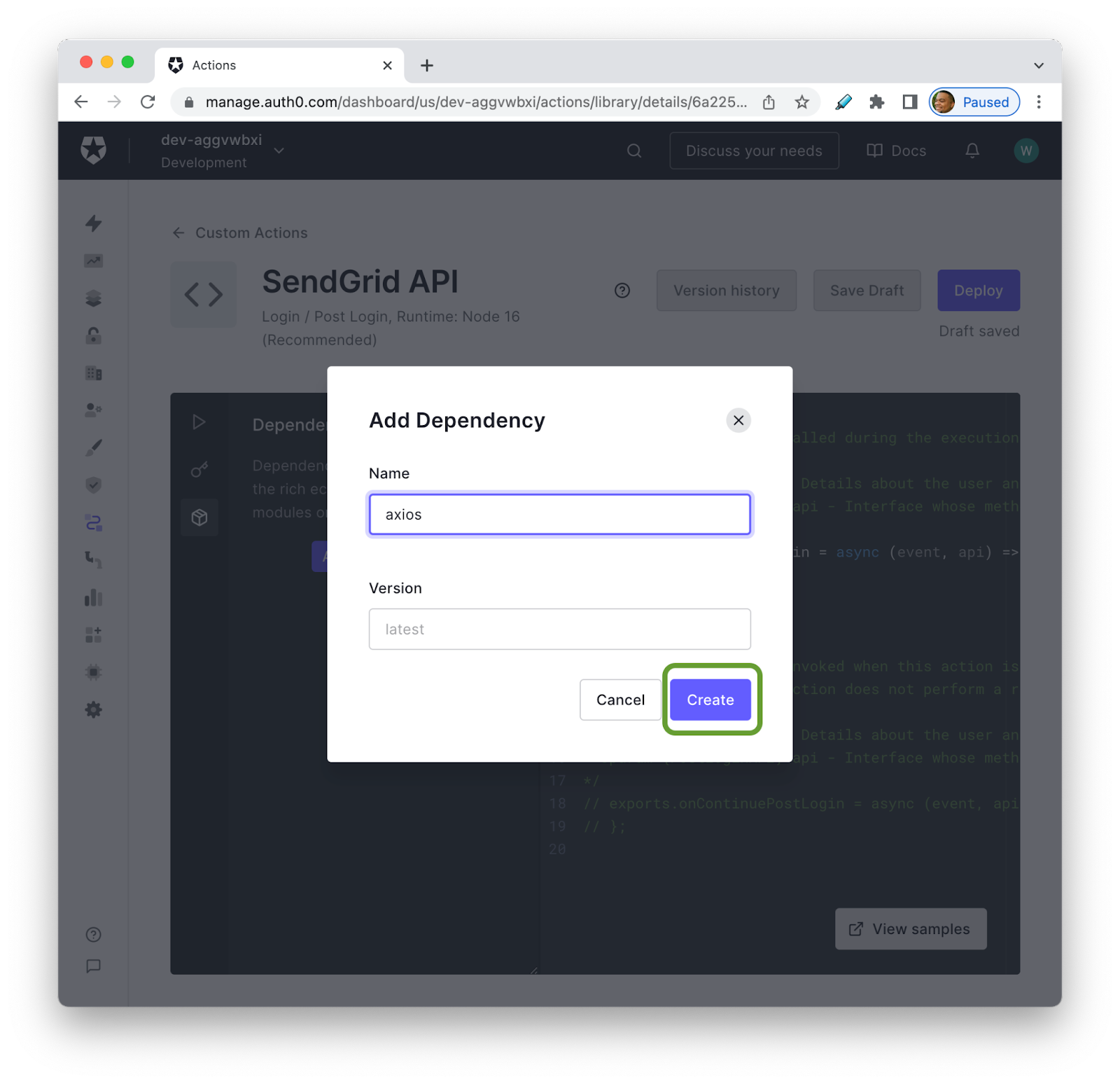 Auth0 Actions Dependency Model with Create Button Highlighted