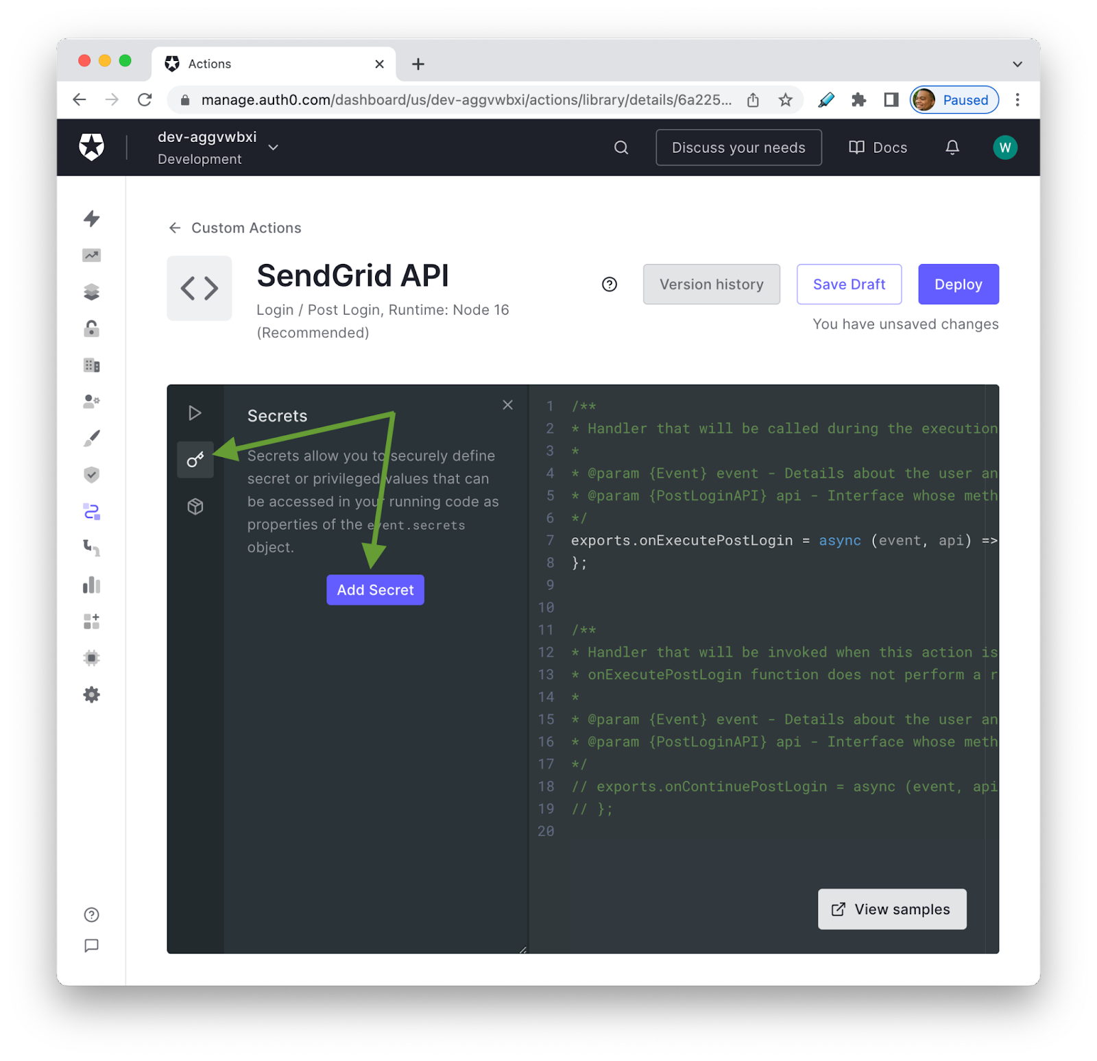 Auth0 Actions code editor with Secrets menu selected