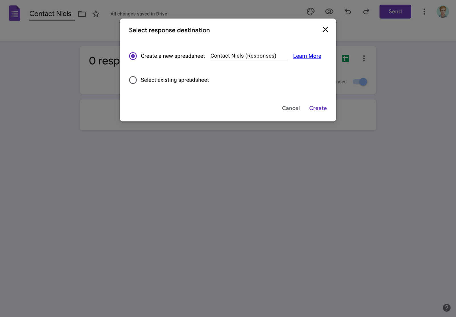 Modal with two radio buttons: Create a new spreadsheet, and Select existing spreadsheet. The user selects the "Create a new spreadsheet" option and gives the spreadsheet the name "Contact Niels (Responses)"