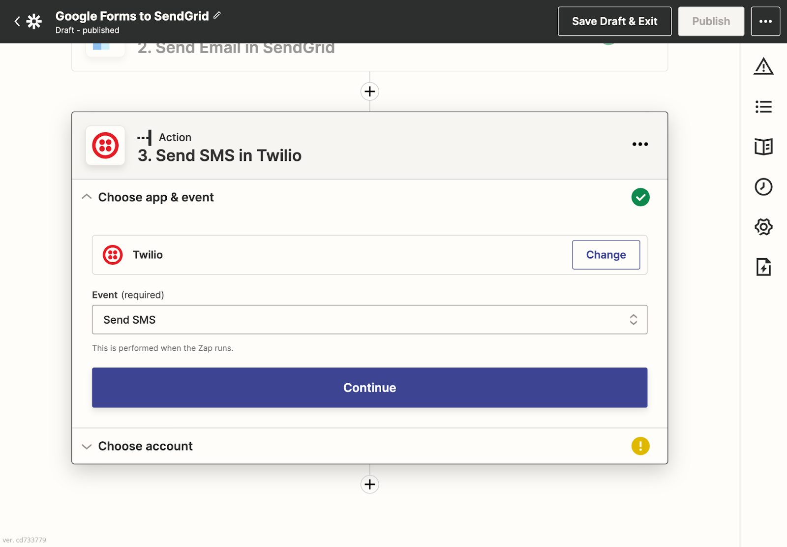 The user selected "Twilio" as the action in the Zapier flow and selected "Send SMS" for the "Event" dropdown.