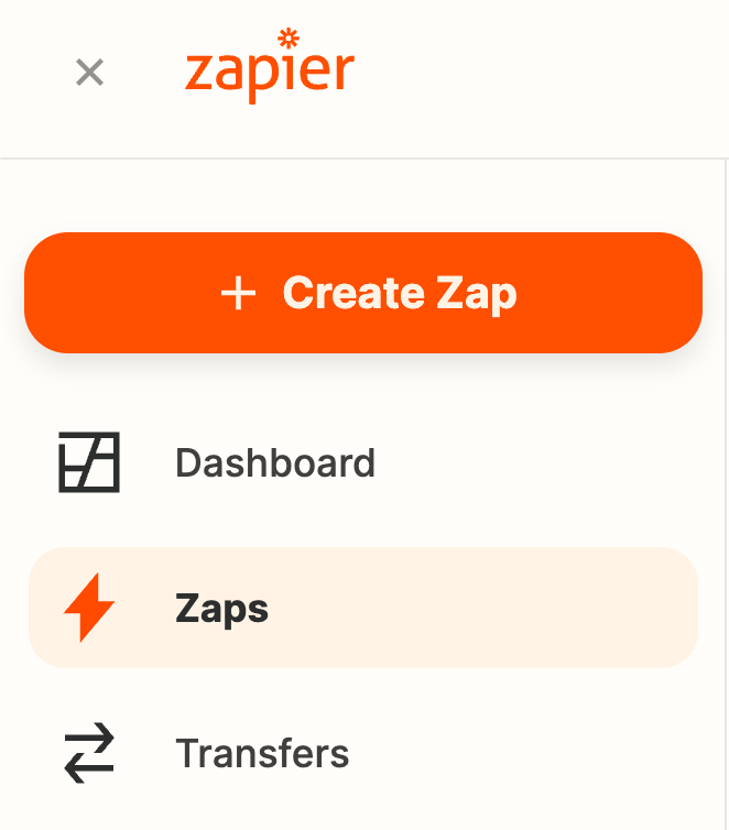 Big orange Create Zap button on the top left of the Zapier dashboard
