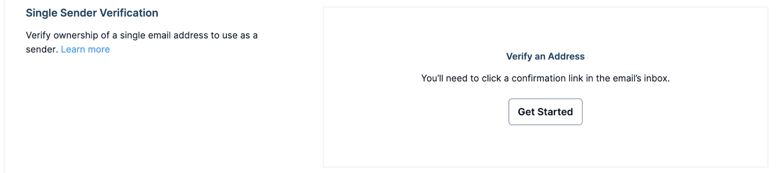 A button saying "Get Started" to verify an individual email address.
