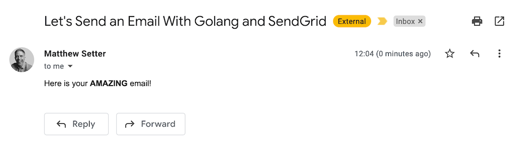 The first email sent with Go and SendGrid viewed in Gmail