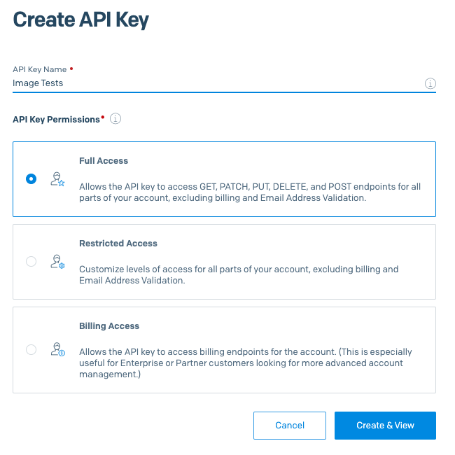 Create SendGrid API Key form with name field set to "Image Tests" and permissions set to "Full Access".