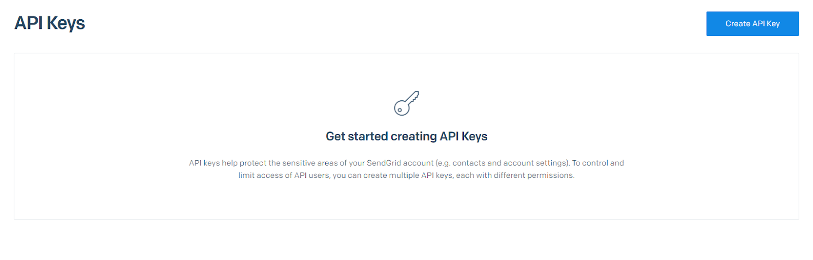 Screen for API Keys option in Settings, with the button "Create API Key" to create a new key for using in your project.